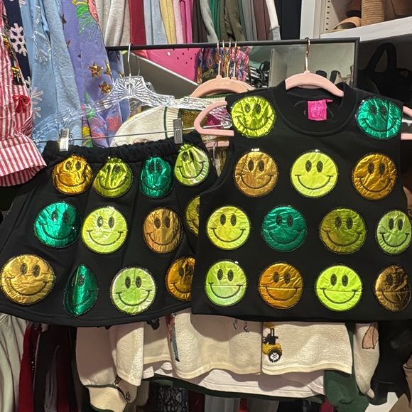QUEEN OF SPARKLES Tops - QUEEN OF SPARKLES Black Tank Top and Skort with Multicolor Smiley Faces